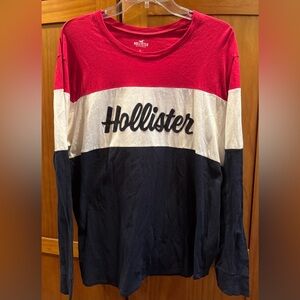 Hollister Red, White & Navy Long Sleeve Thick Stripe Colorblock Tee | Size: XL